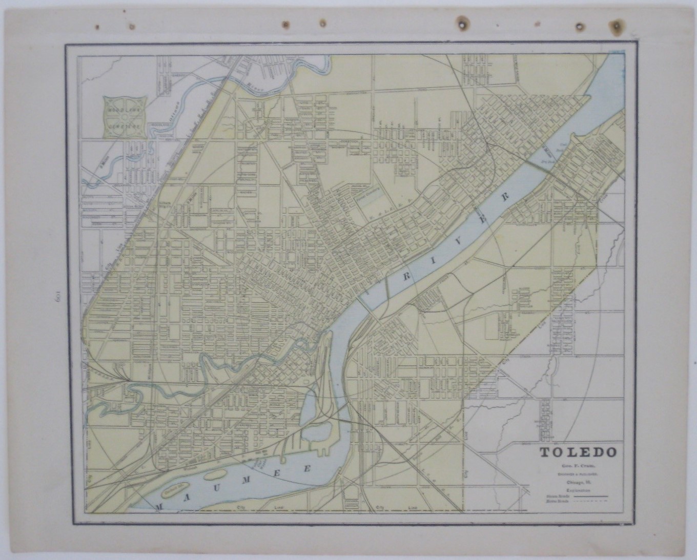 Original 1889 Streetcar Map TOLEDO Ohio Maumee River Railroad Bridges Coal Docks