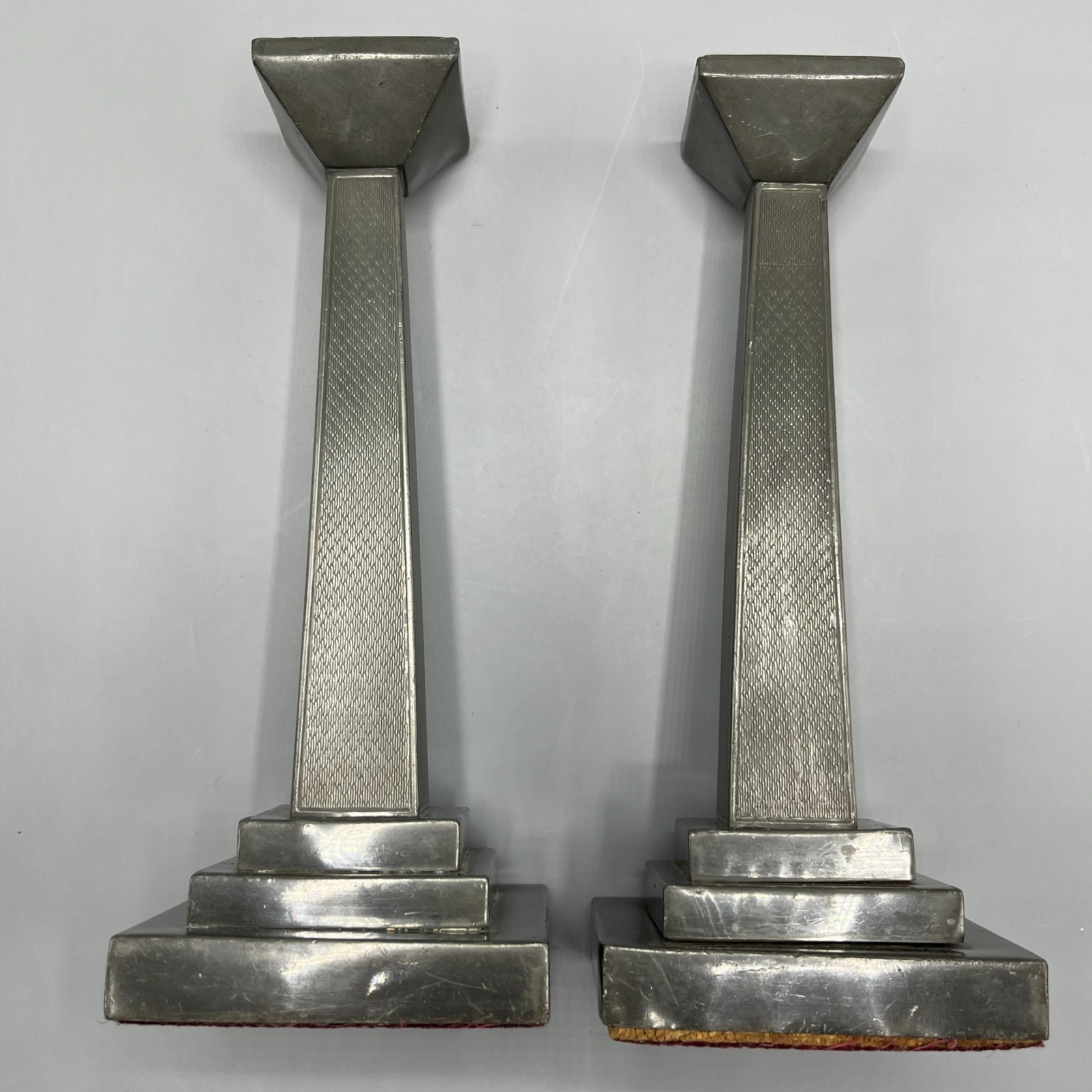 Pair Antique Pewter Candlesticks Art Deco c1930 Engine Turned English Vintage