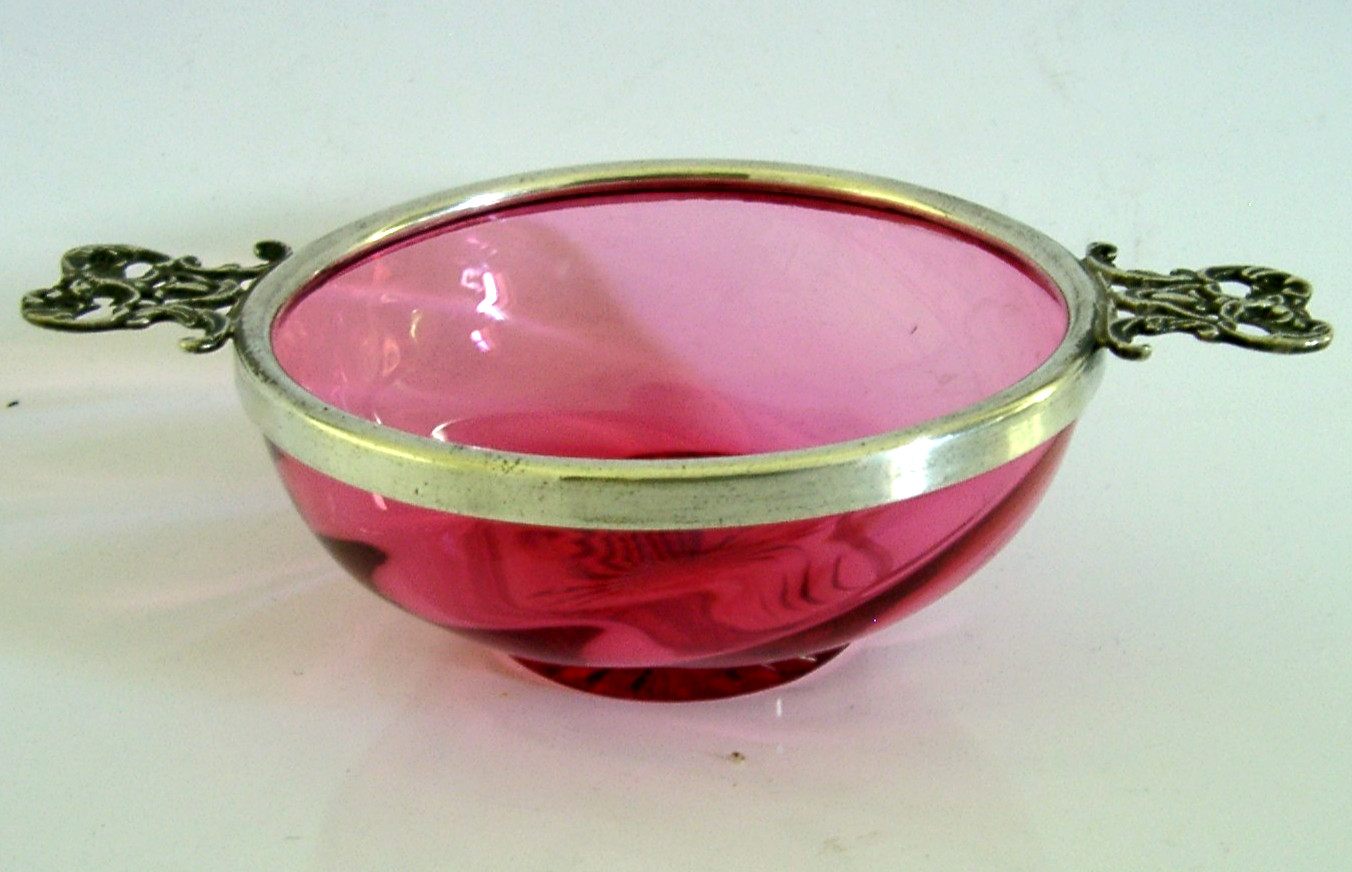 ENGLISH SOLID SILVER CRANBERRY GLASS BRANDY BOWL WHISKY QUAICH 1894 BARWARE