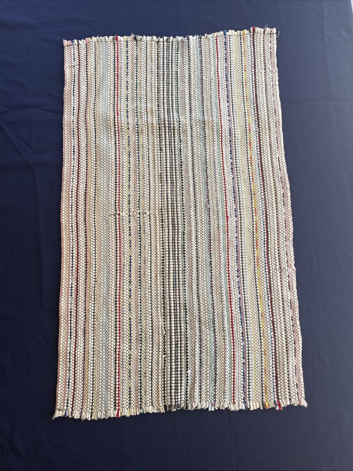 Vintage Hand Woven Rag Rug #4 Msmt: 38″ by 23” w/Fringe Multicolor Cottage Boho