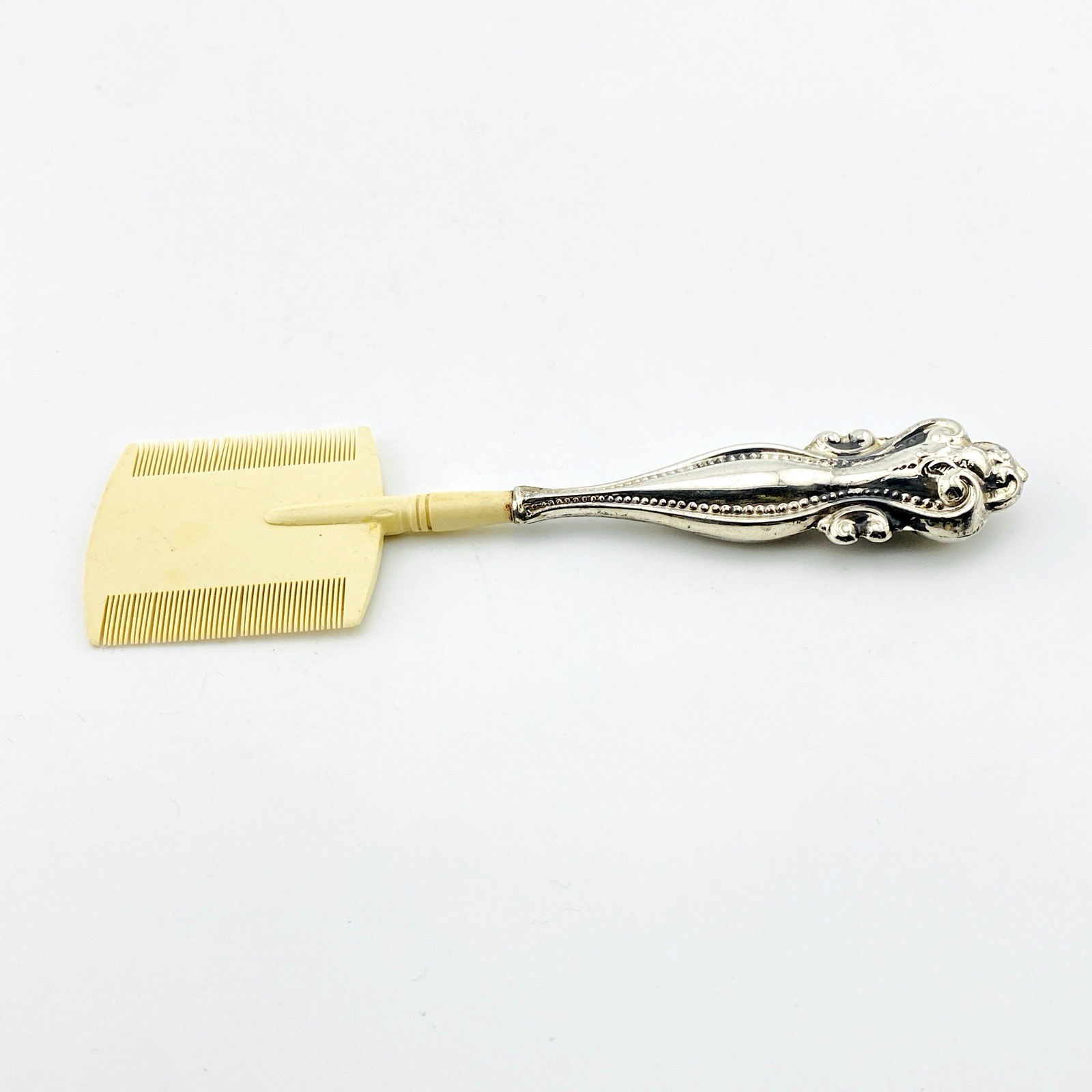 Antique Beard or Moustache Comb with Sterling Silver Repousse Handle