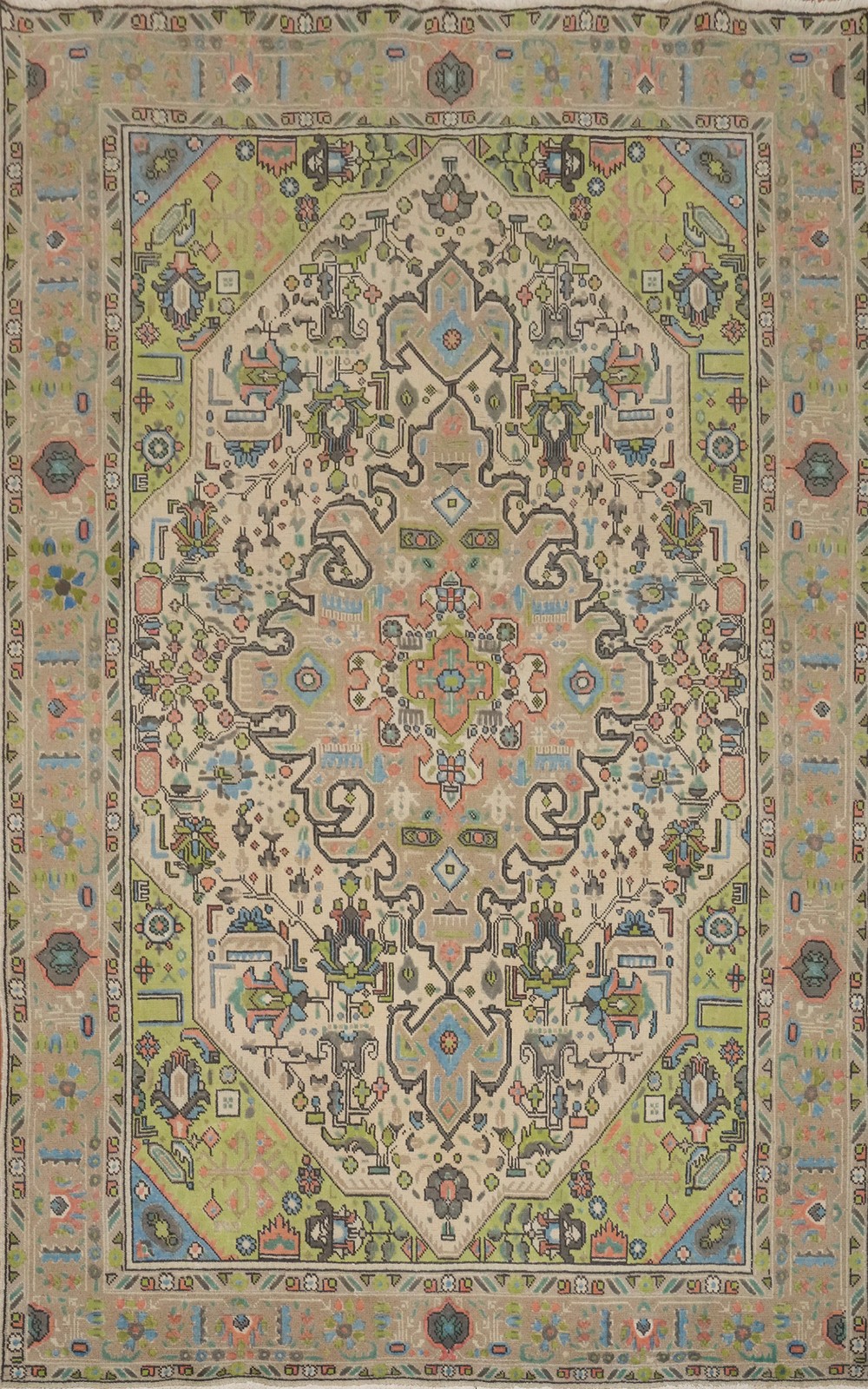 Vintage Ivory Wool Geometric Traditional Hand-knotted Room Size Area Rug 7×10