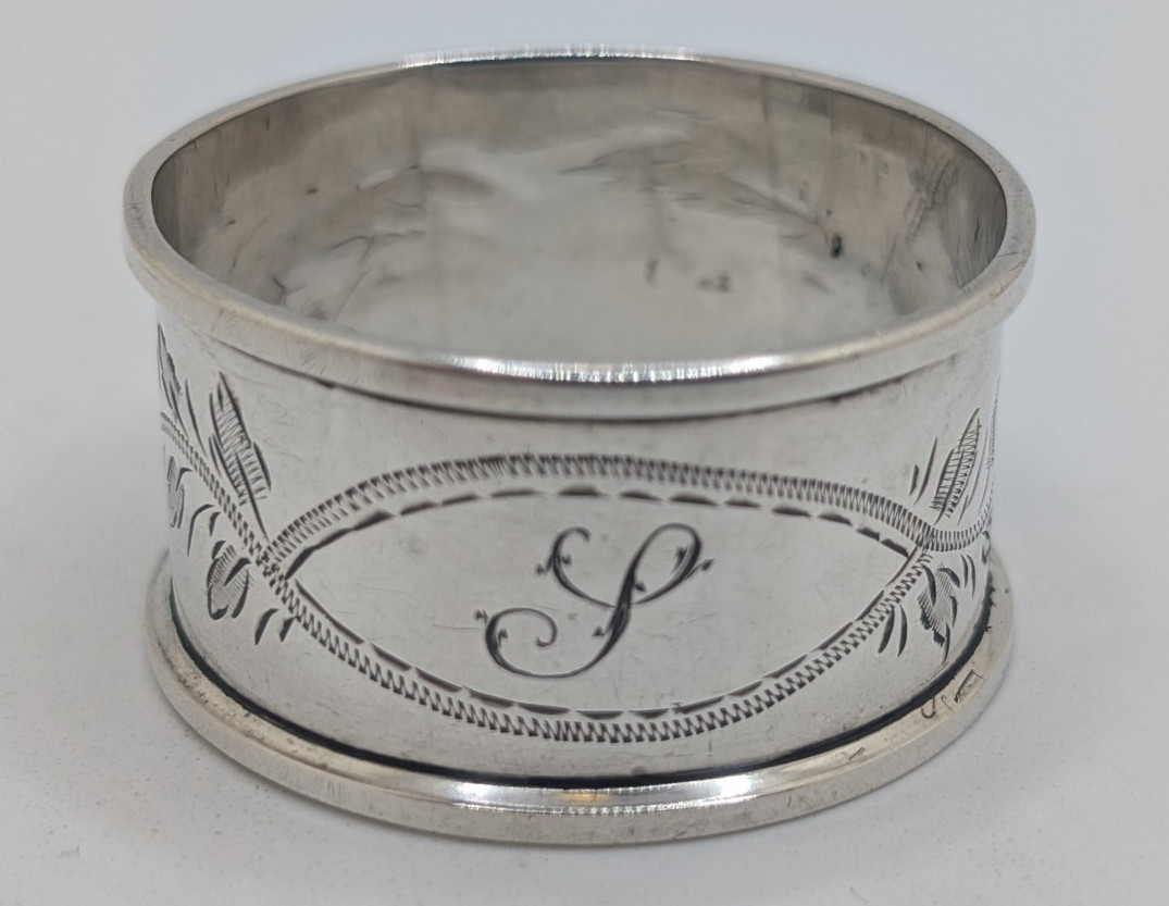 Antique English Sterling Silver Napkin Ring “S” initial engraving, d. 1928 10g