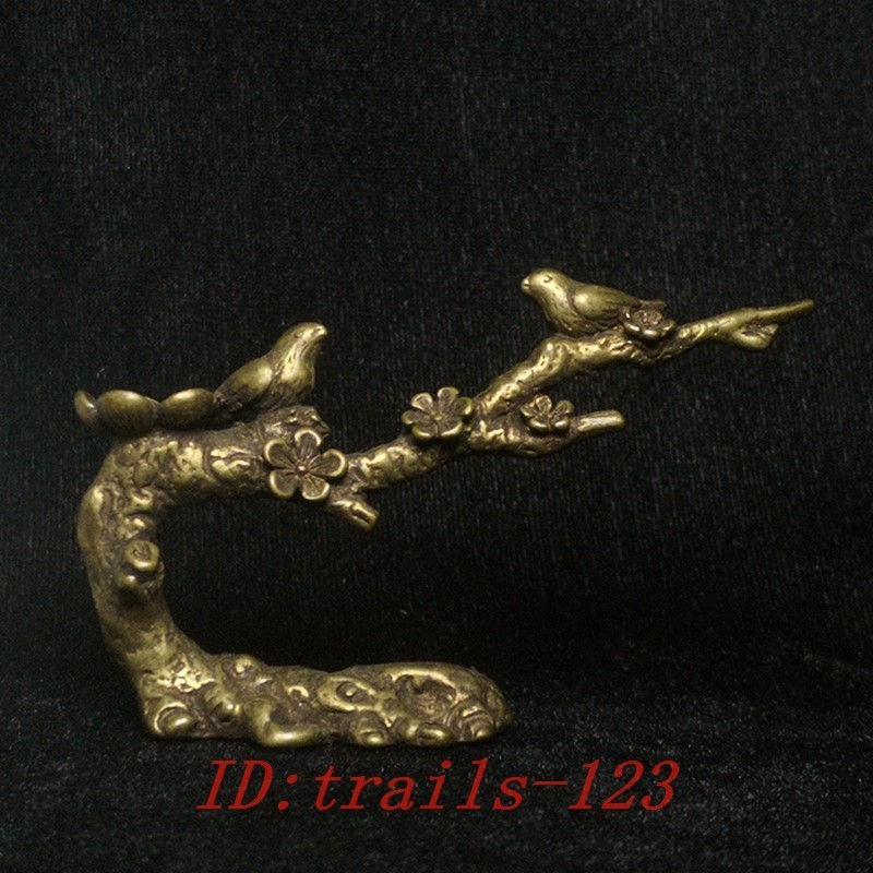 3.5 Inch Old Chinese Bronze Carving Flowers Birds Pen Rack Desk Decoration Gift