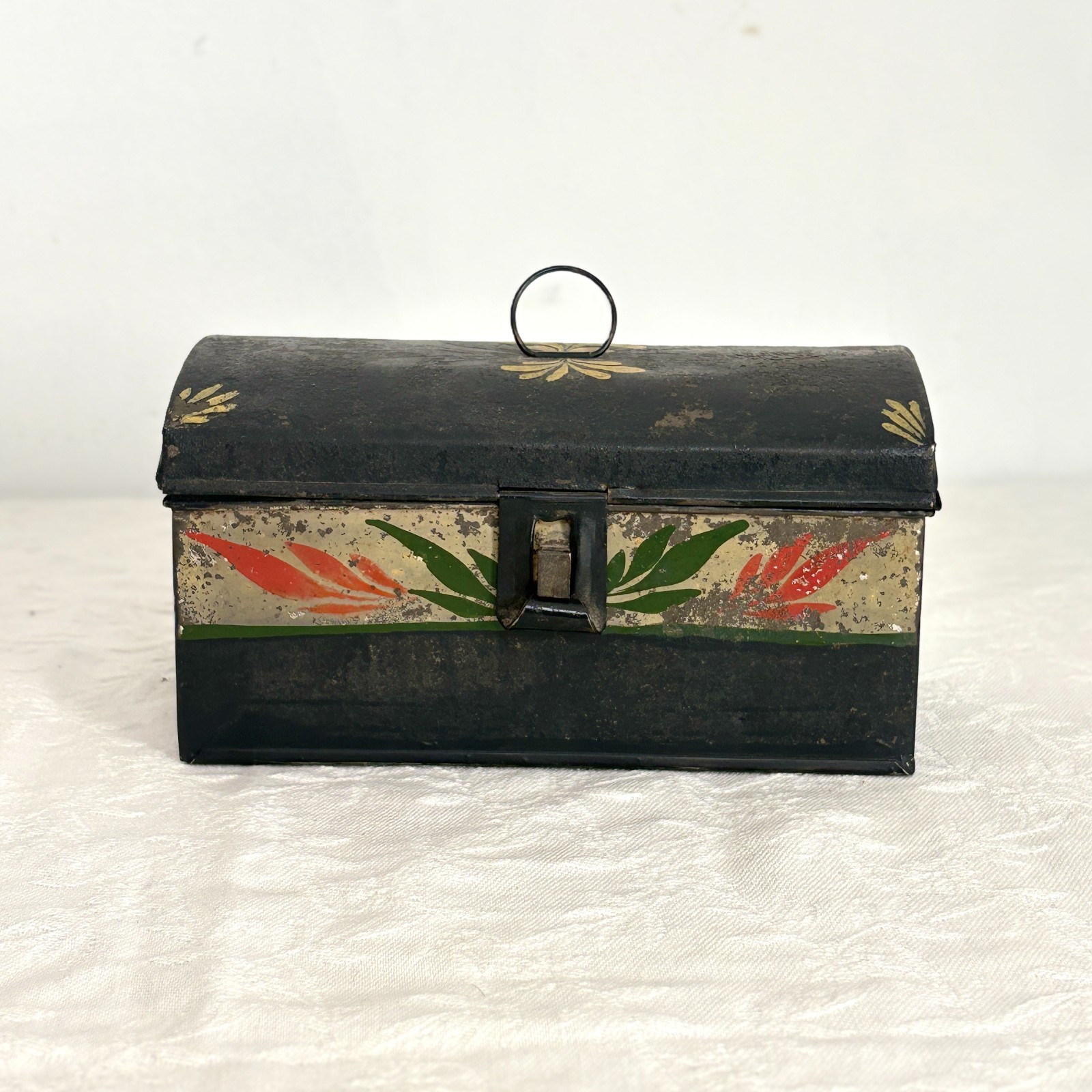 Antique 19th C Painted Tin Toleware Primitive Dome Top Box Patina AAFA