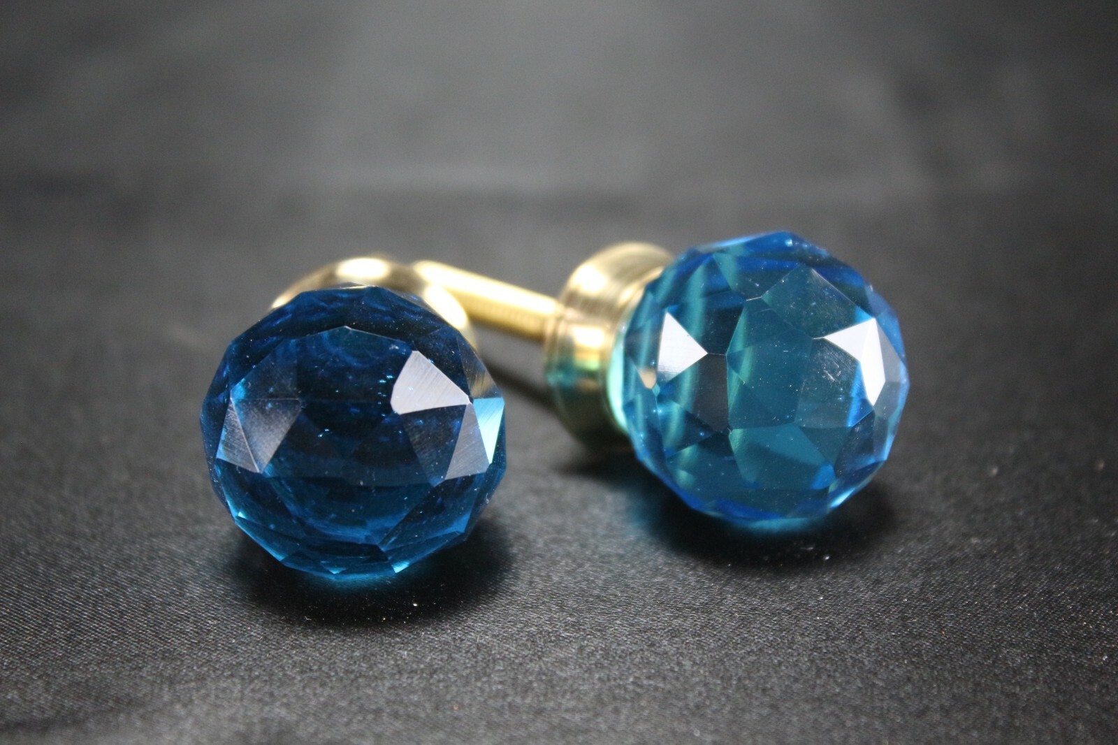 Sky Blue Diamond Cut Glass Door Knobs | Vintage Victorian Set of 2, Brass Base
