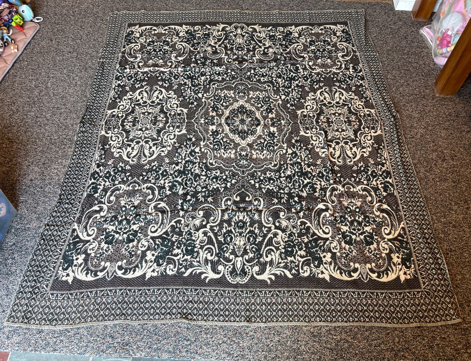 Antique Persian Jacquard Coverlet Black & Cream Floral 84×68” Great Condition