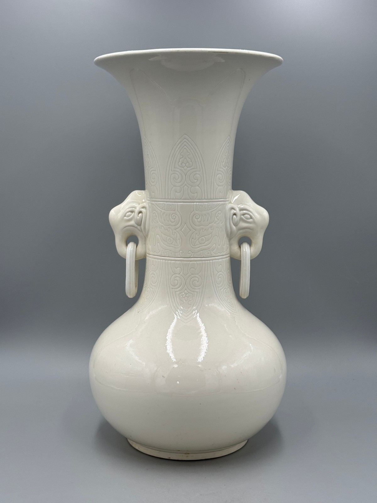 Chinese Mid-20th Century White Glaze Porcelain Vase with Elephant Head Handles