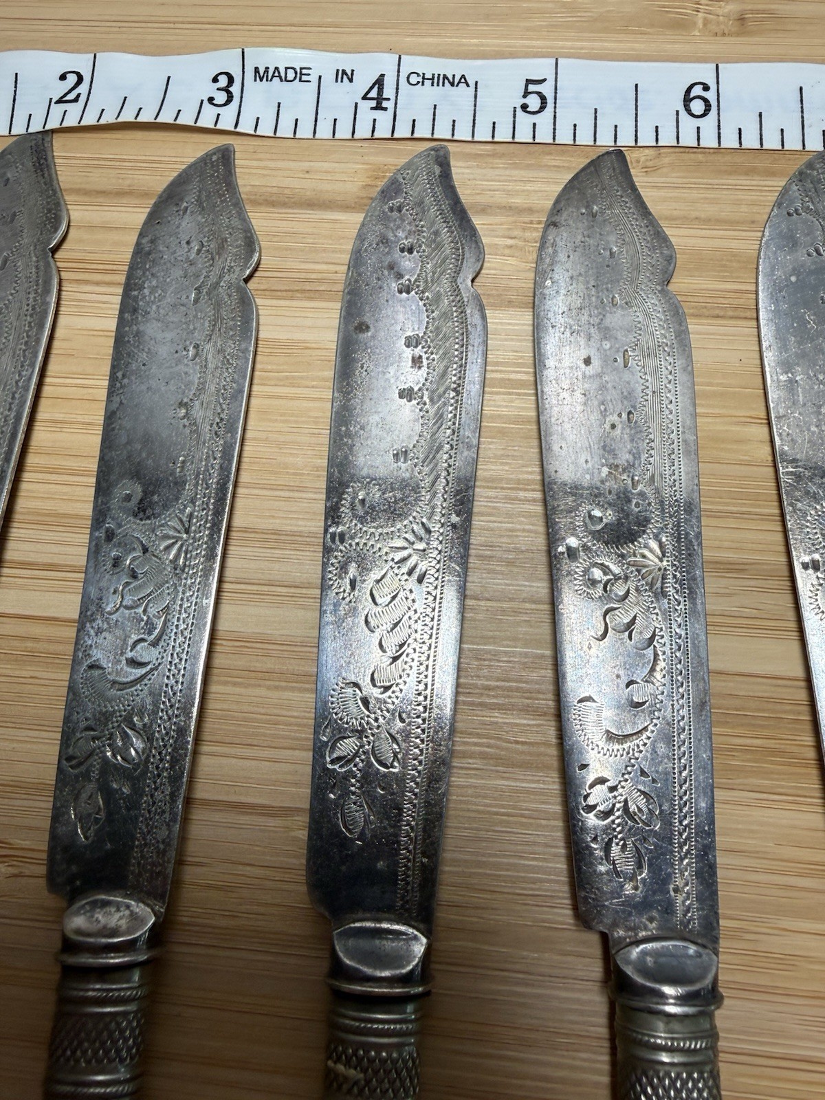 Antique Victorian Silver Plate Fish Knives Engraved with French Ivorine Handles