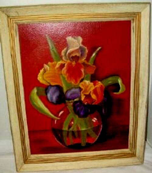 Vintage Iris Floral Oil Painting Red Cottagecore Creamy Wood 1950s Mid Century