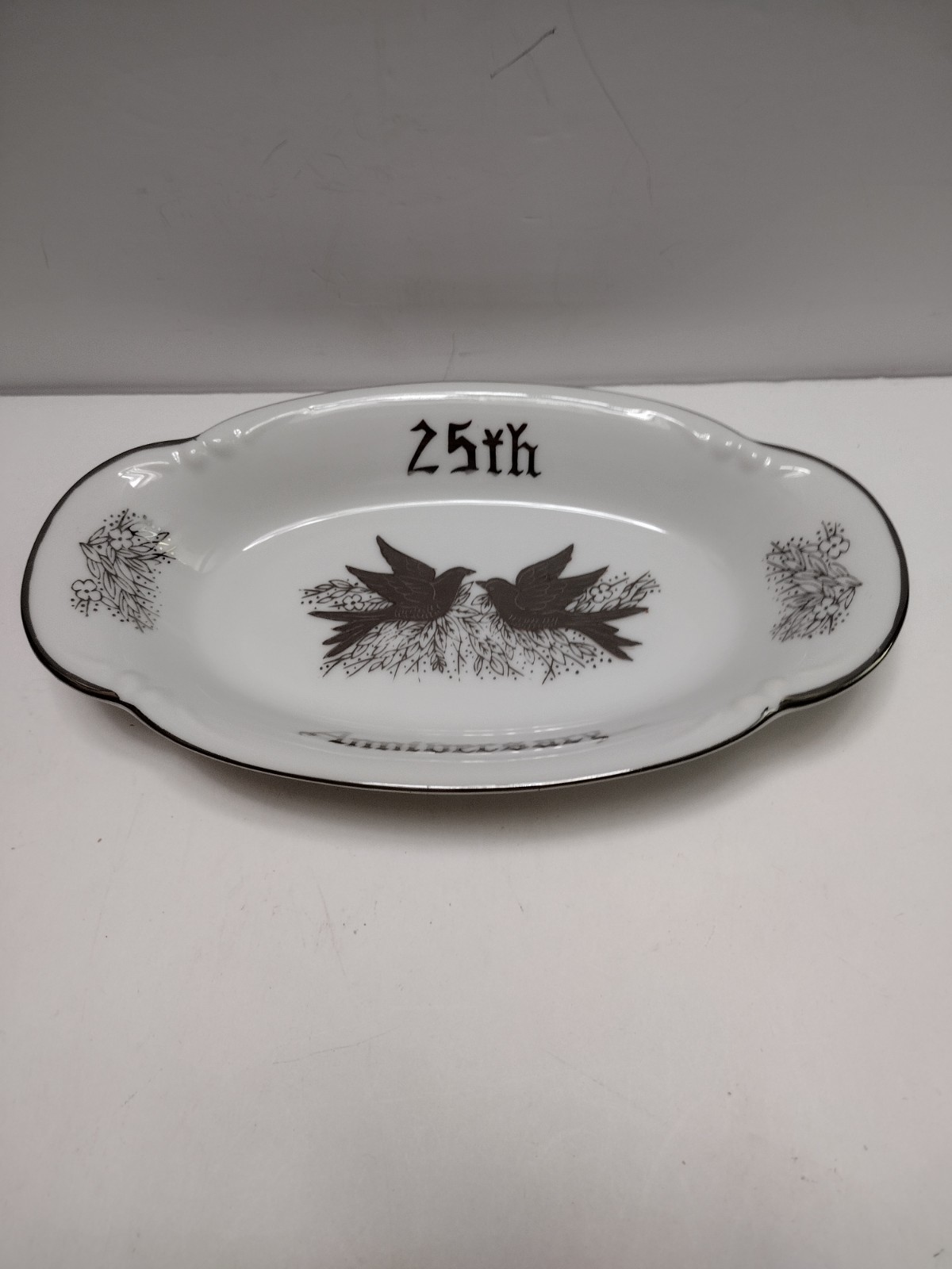 25th Silver Anniversary Dish With Silver Doves 8.5″X5″X1.5″ Good Condition X-445