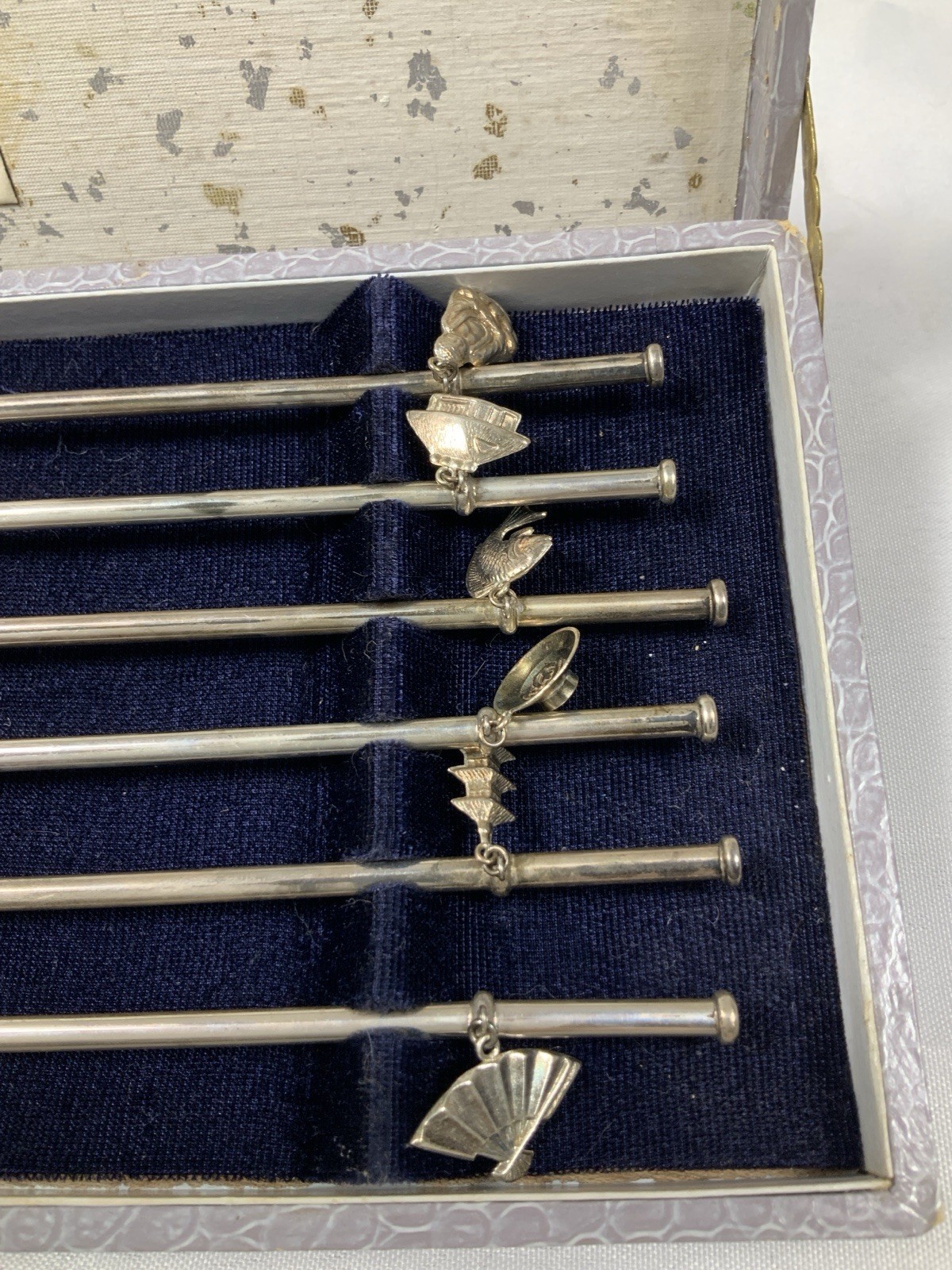MCM Mid Century Sterling .925 6x Nikko Cocktail Stir Sip Straw Spoons w/ Charms