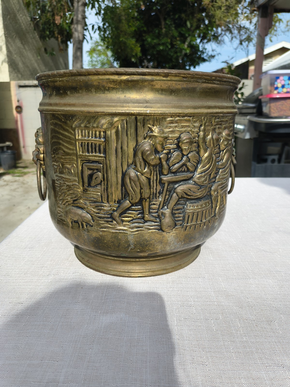 Antique English Brass Planter Lion Heads Flowerpot Pub Scenes c.1930