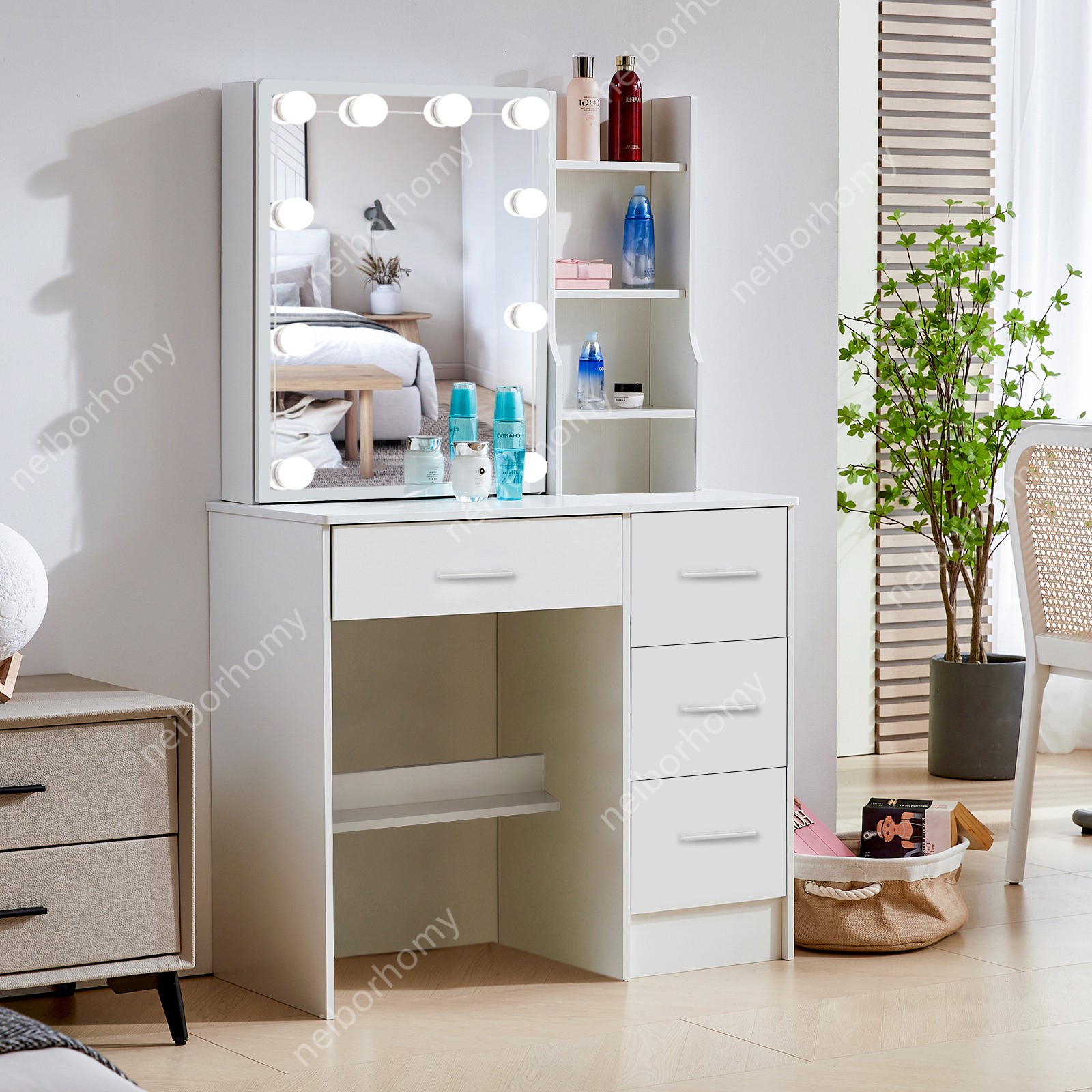 Small Vanity Desk Set White Dressing Table Desk and Drawer LED Makeup Mirror