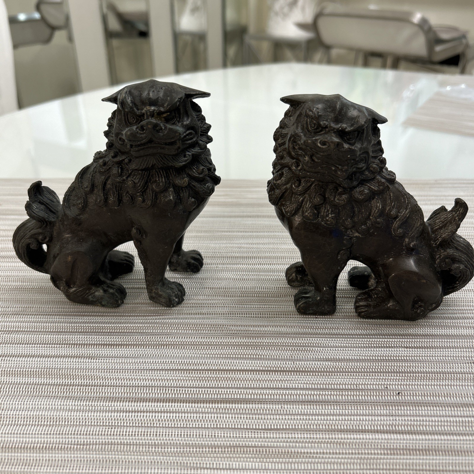Exquisite Old Chinese Black Metal Fengshui Foo Fu Dog Guardion Door Lion Heavy
