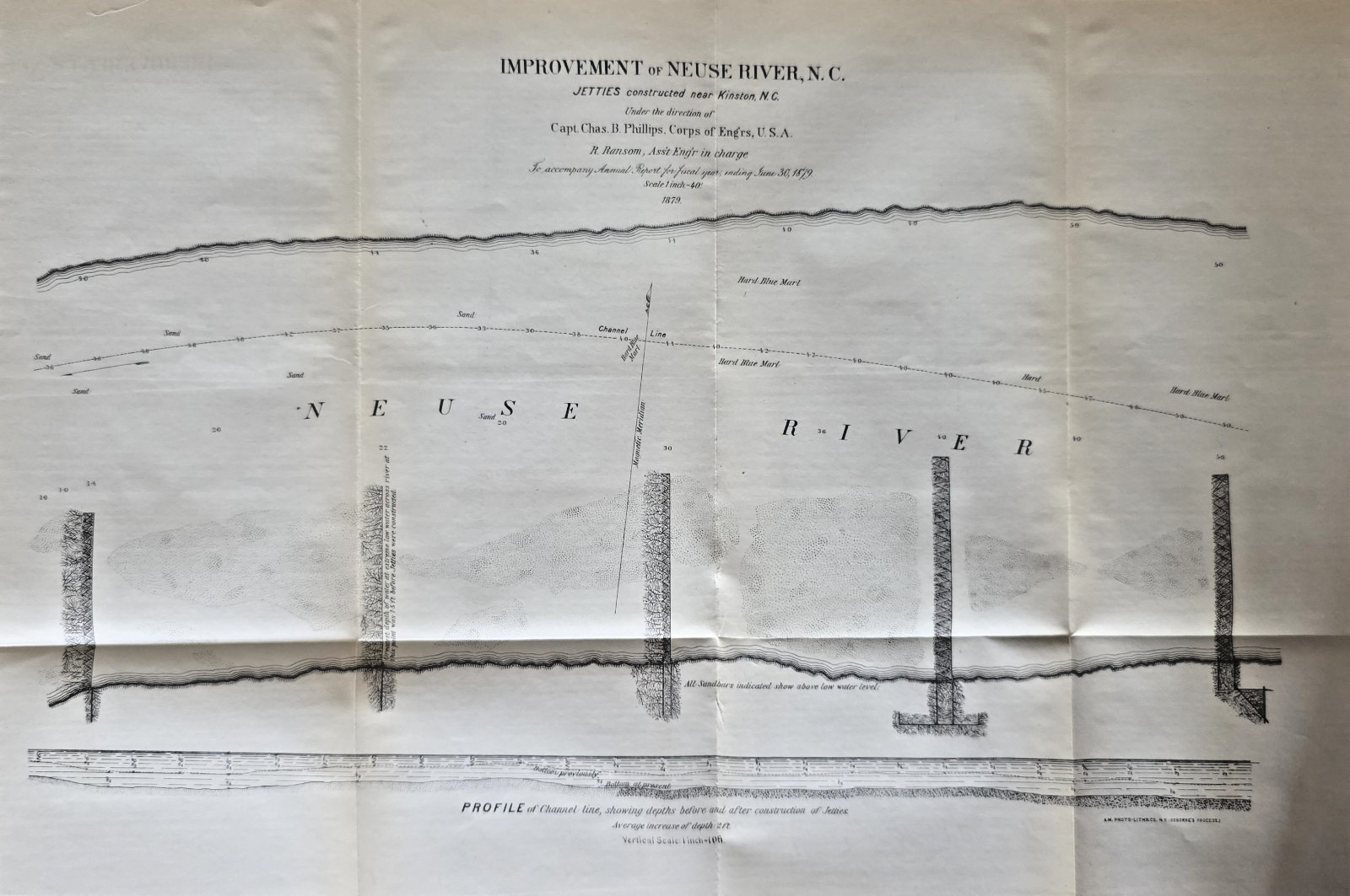 Antique 1880 Neuse River NC Jetties Improvement Map Kinston Corps Eng 18×12
