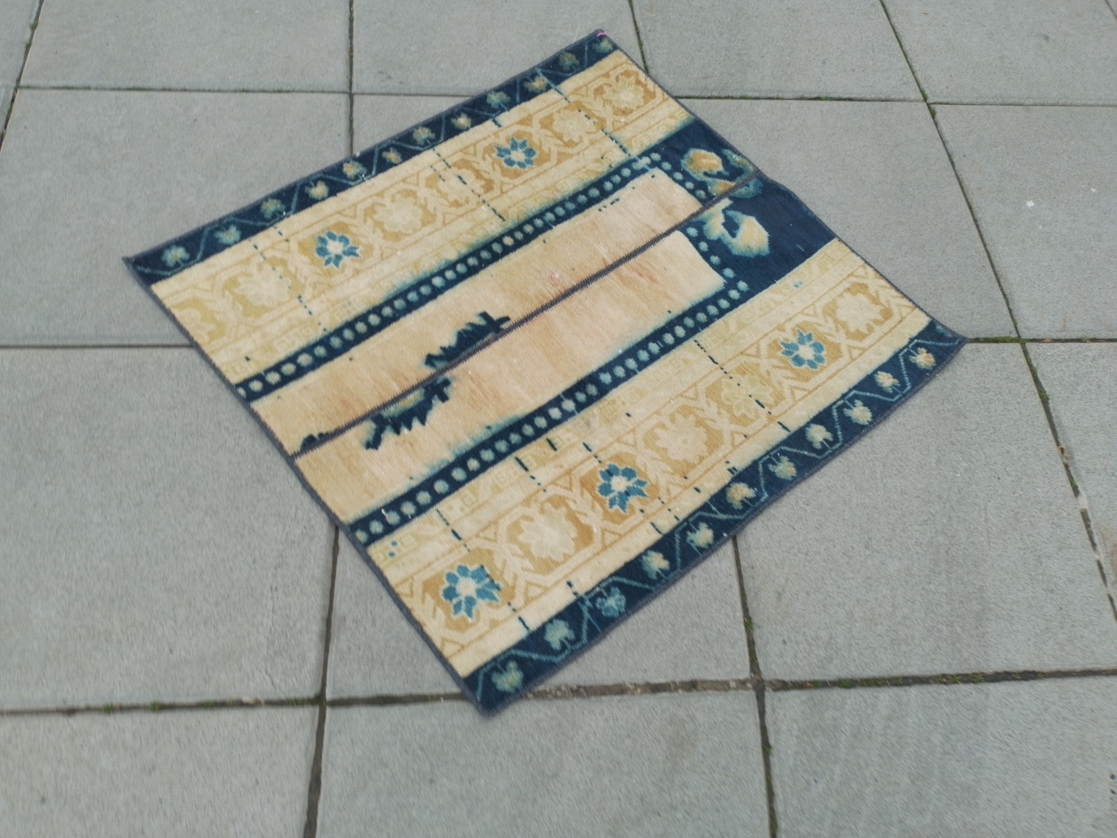 66 x 70 Cm Small Square Vintage Wool Carpet, Handmade Piece in Navy & Cream V74R