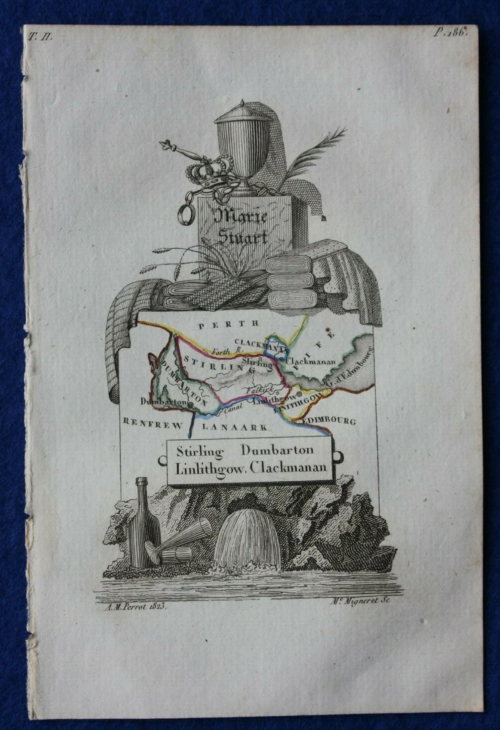 SCOTLAND, STIRLING, DUMBARTON, LINLITHGOW, minature antique map, Perrot, 1824