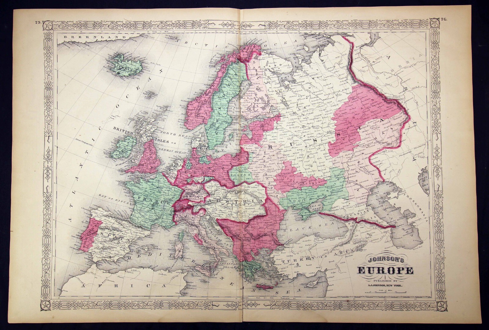 1864 Color Map Johnson’s Europe Steel Engraving