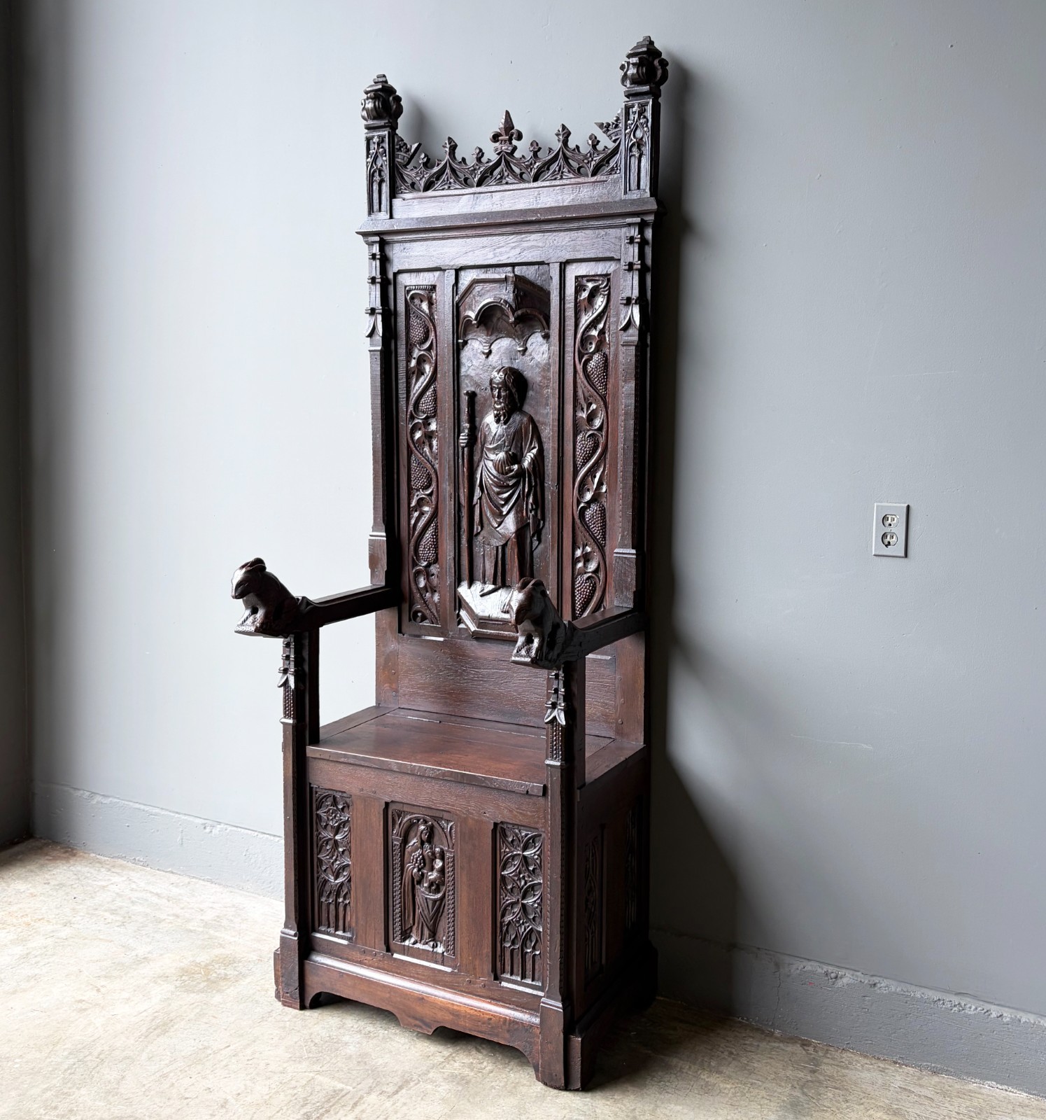 Late 1700’s Antique French Gothic Throne Chair Bench/Settee/Chair Carved Oak