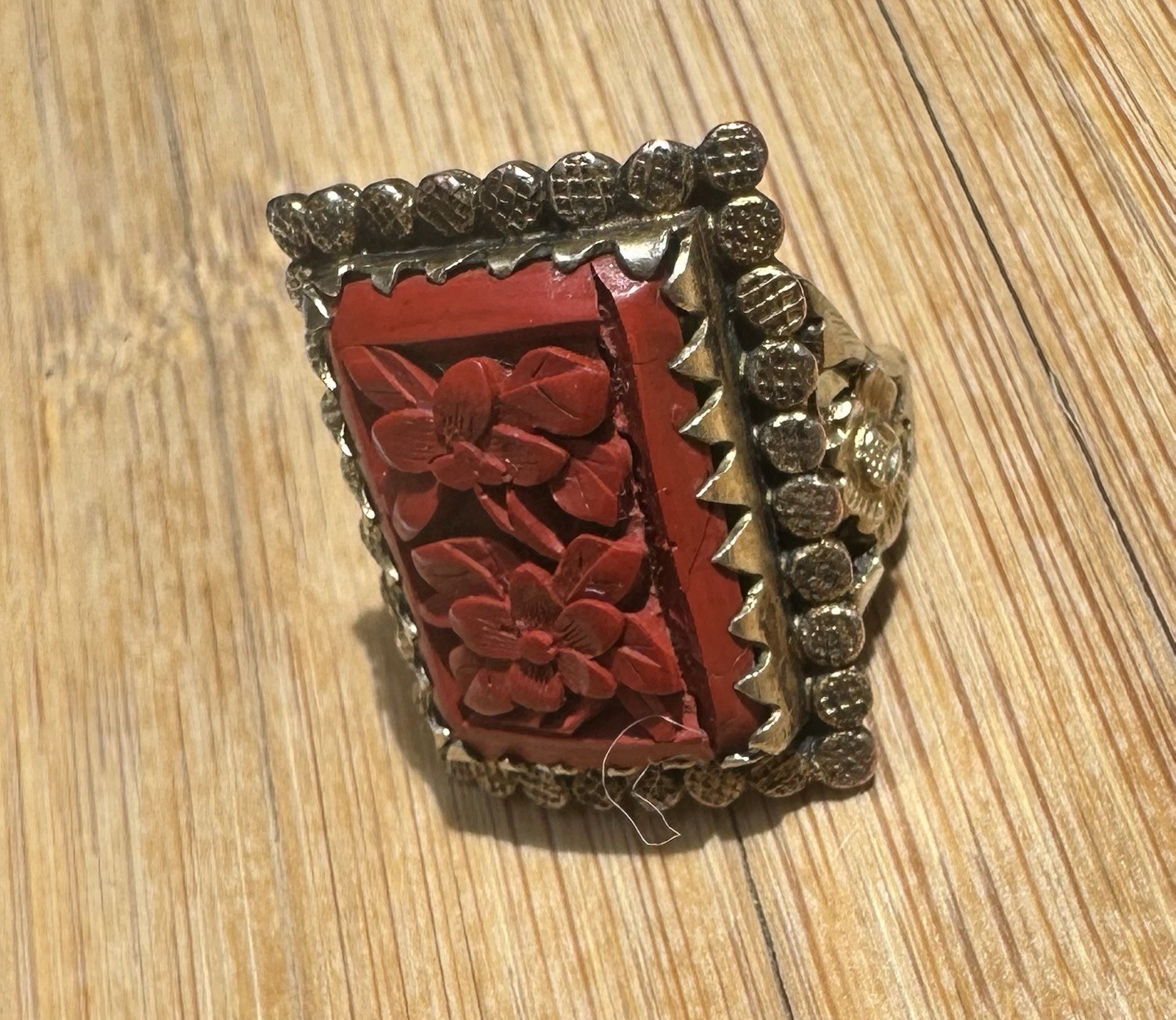 Vintage Chinese Floral Filigree Carved Cinnabar Ring / Good Cond. / Adjustable