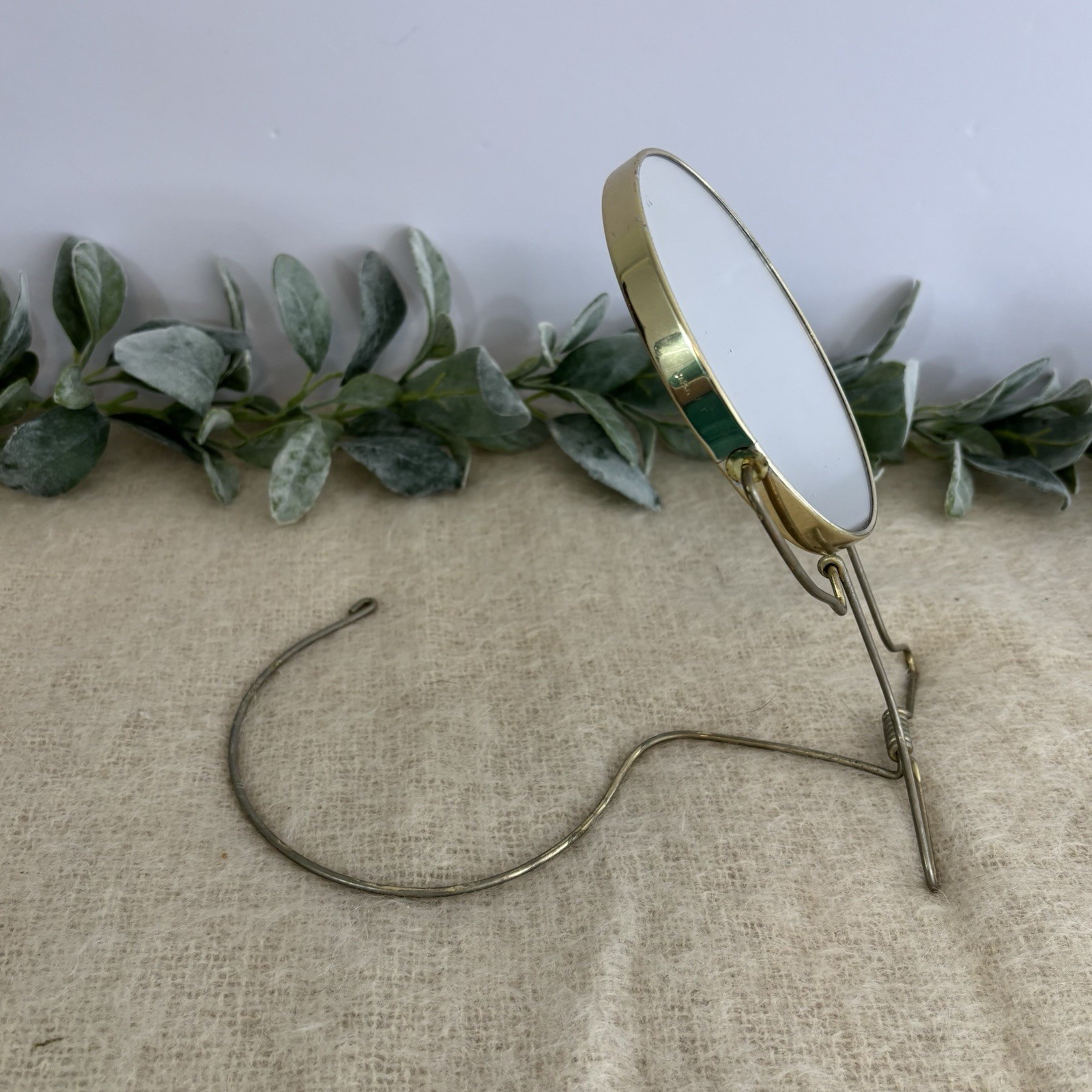 Vintage Tabletop Mirror Round 2 Sided Adjustable Metal Gold Colored Art Deco MCM