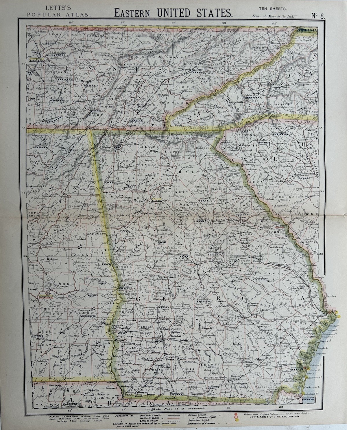 1883 Georgia Original Antique Colour Map by Letts