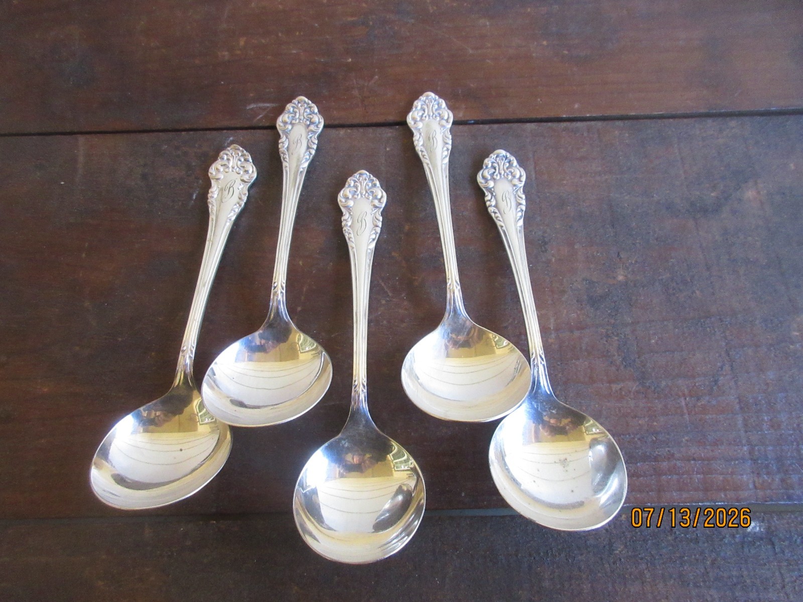 Lot of 5 Community Silver Triple Plus Avalon Soup Spoons Engraved with Letter B
