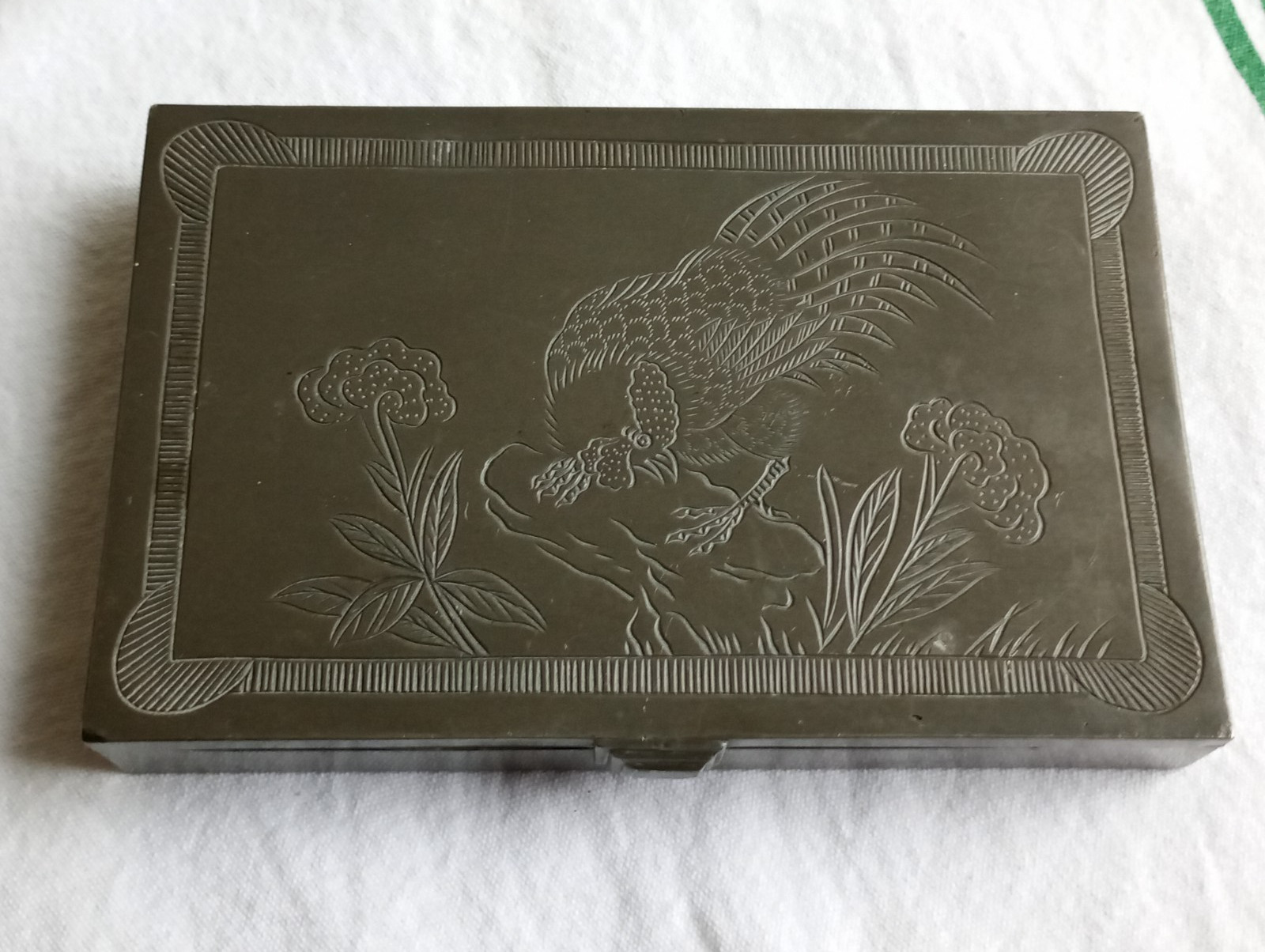 NA650 WW2 1940S CHINESE PEWTER CARD BOX WITH 2 PHOTOS OF HMT EMPRESS OF SCOTLAND
