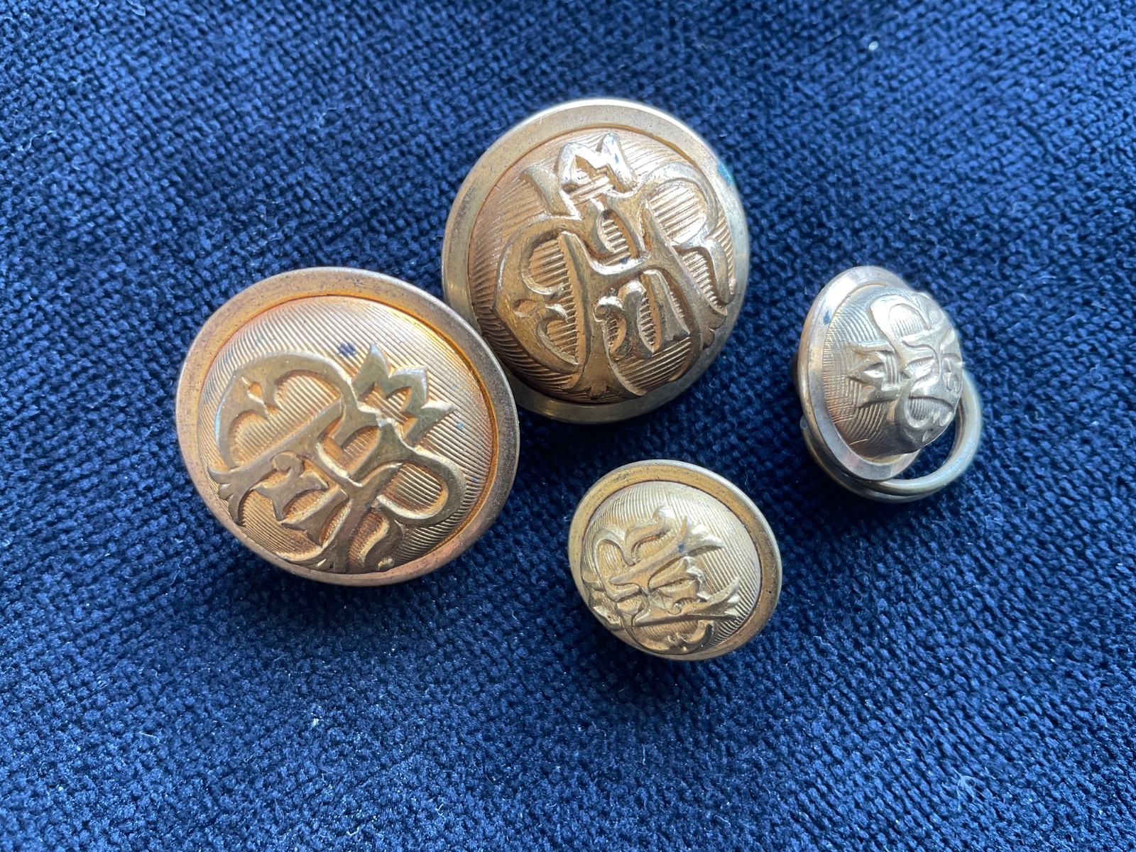Four Antique brass buttons with initials multiple makers Waterbury Newark