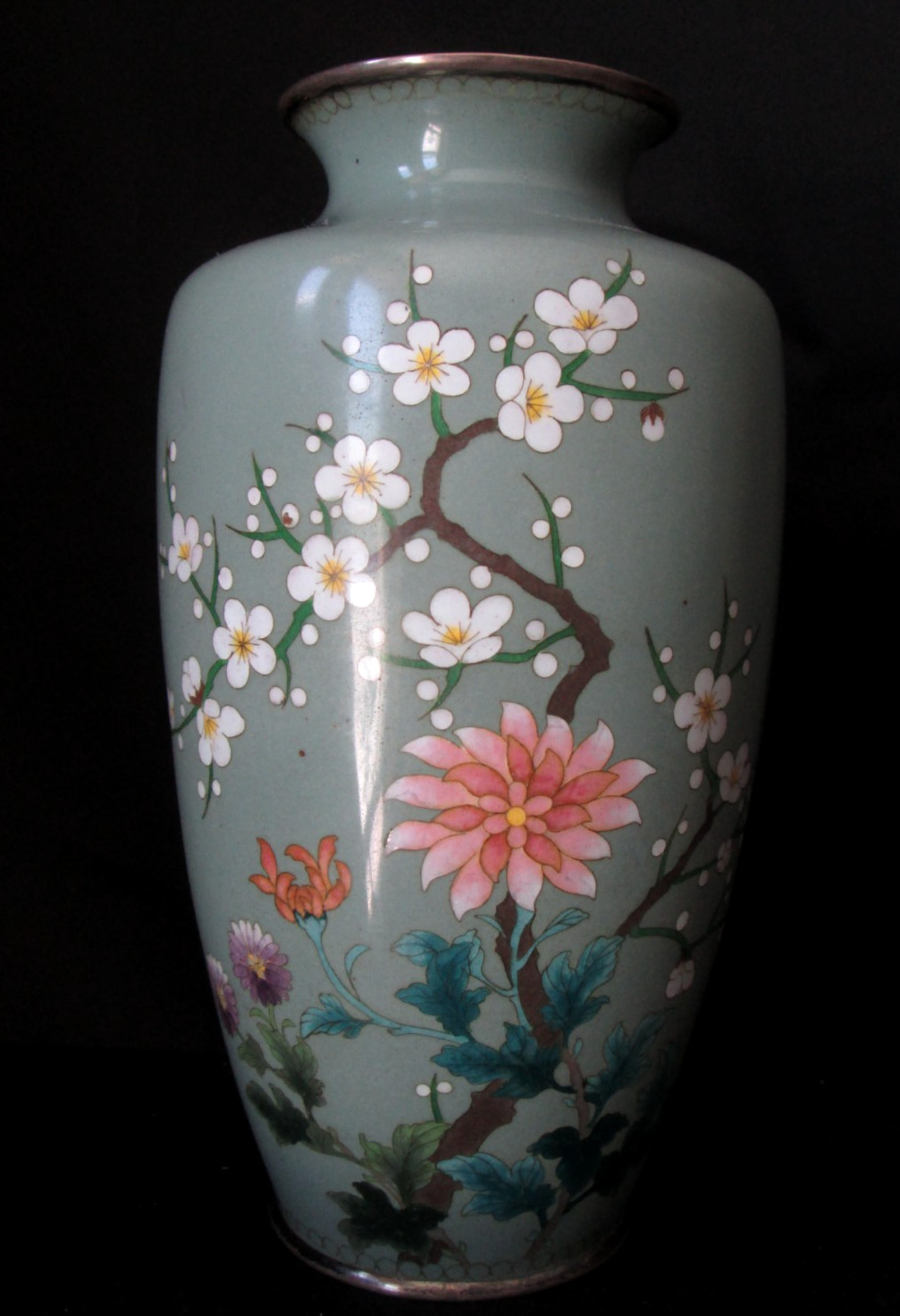Antique 19th Century Meiji TAISHO Period SILVER Rim Wire Japanese Cloisonne Vase