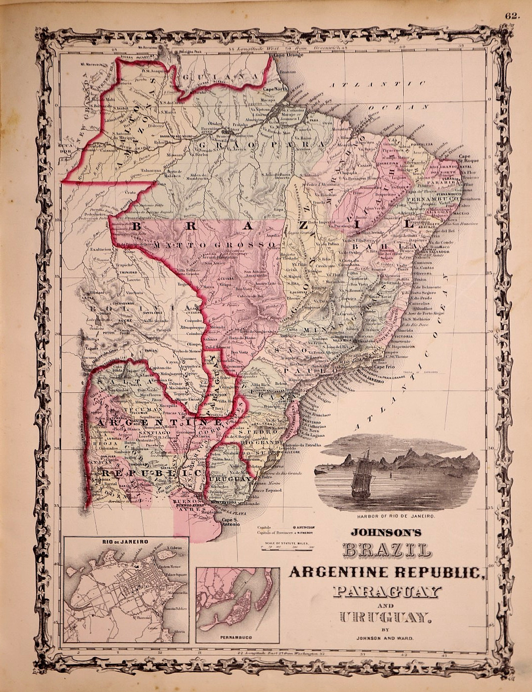 Antique 1862 Map by Johnson & Ward – Brazil, Uruguay, Alto Amazonas (14×17)-#F31