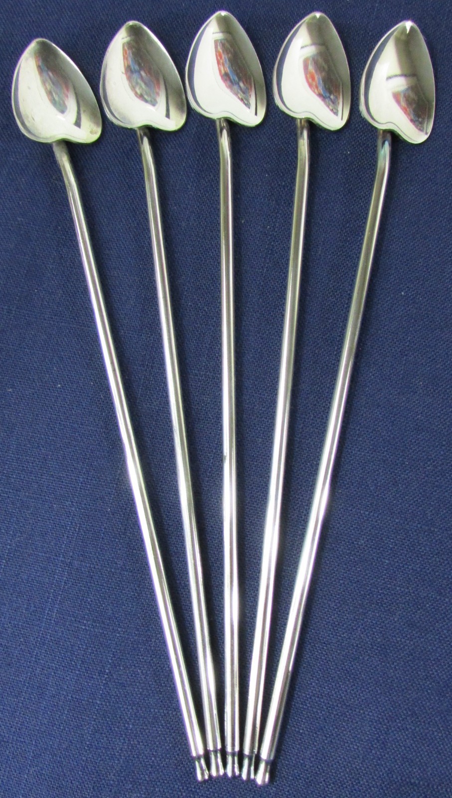 SET 5 ICED TEA SPOONS! Vintage PM ARGENTE silverplate: HEART SHAPED bowl: EXC