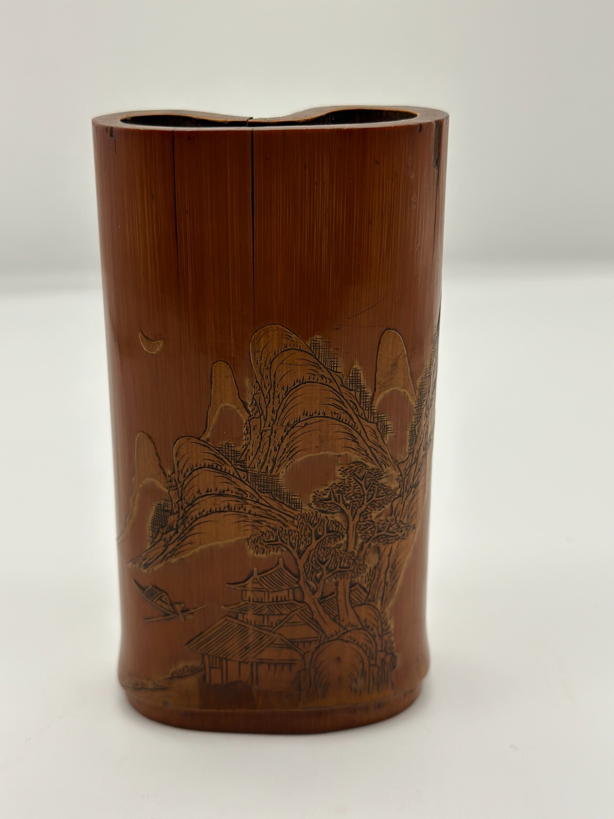 18th Century Landscape Bamboo Carved Brush Holder