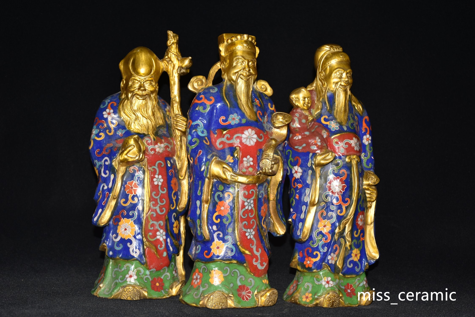 12″ Antiquated ming dynasty bronze cloisonne xuande mark 1set Fu lu Shuo statue