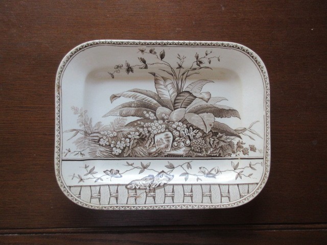 1880s GW Turner & Sons brown transferware platter Brazil pattern, 13″x10″
