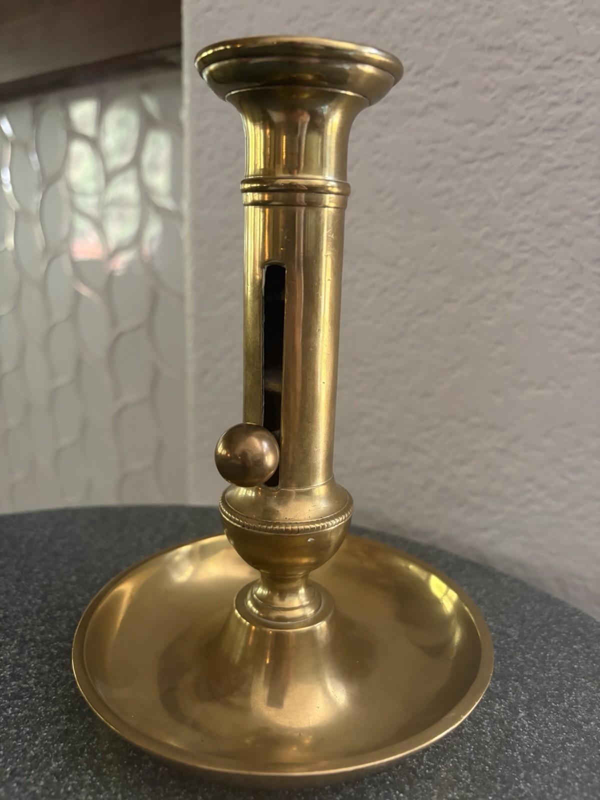 Antique Brass Push Up Candlestick Holder Chamberstick 19th Century Saucer Base