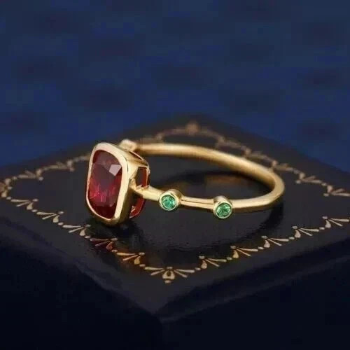 2Ct Cushion Cut Lab Created Ruby & Emerald Wedding Ring 14K Yellow Gold Plated