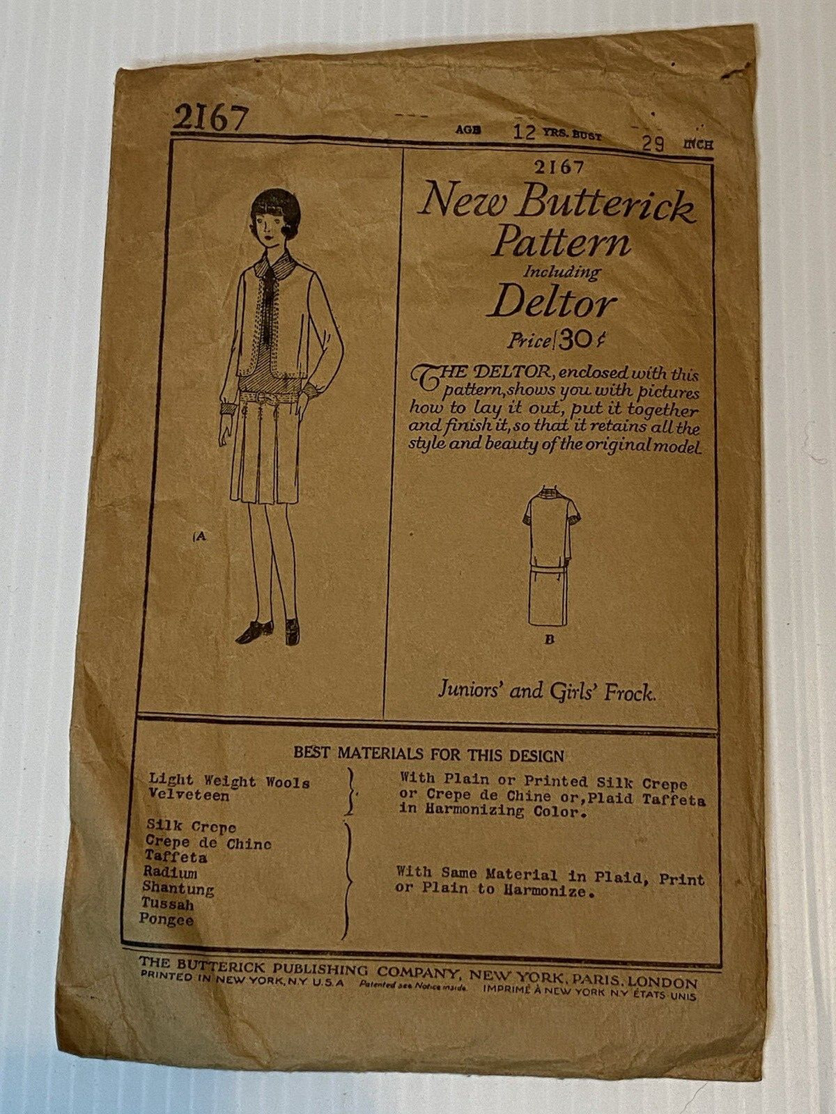 Vintage New Butterick Pattern #2167 Including Deltor Girls’ Dress Frock 1920’s