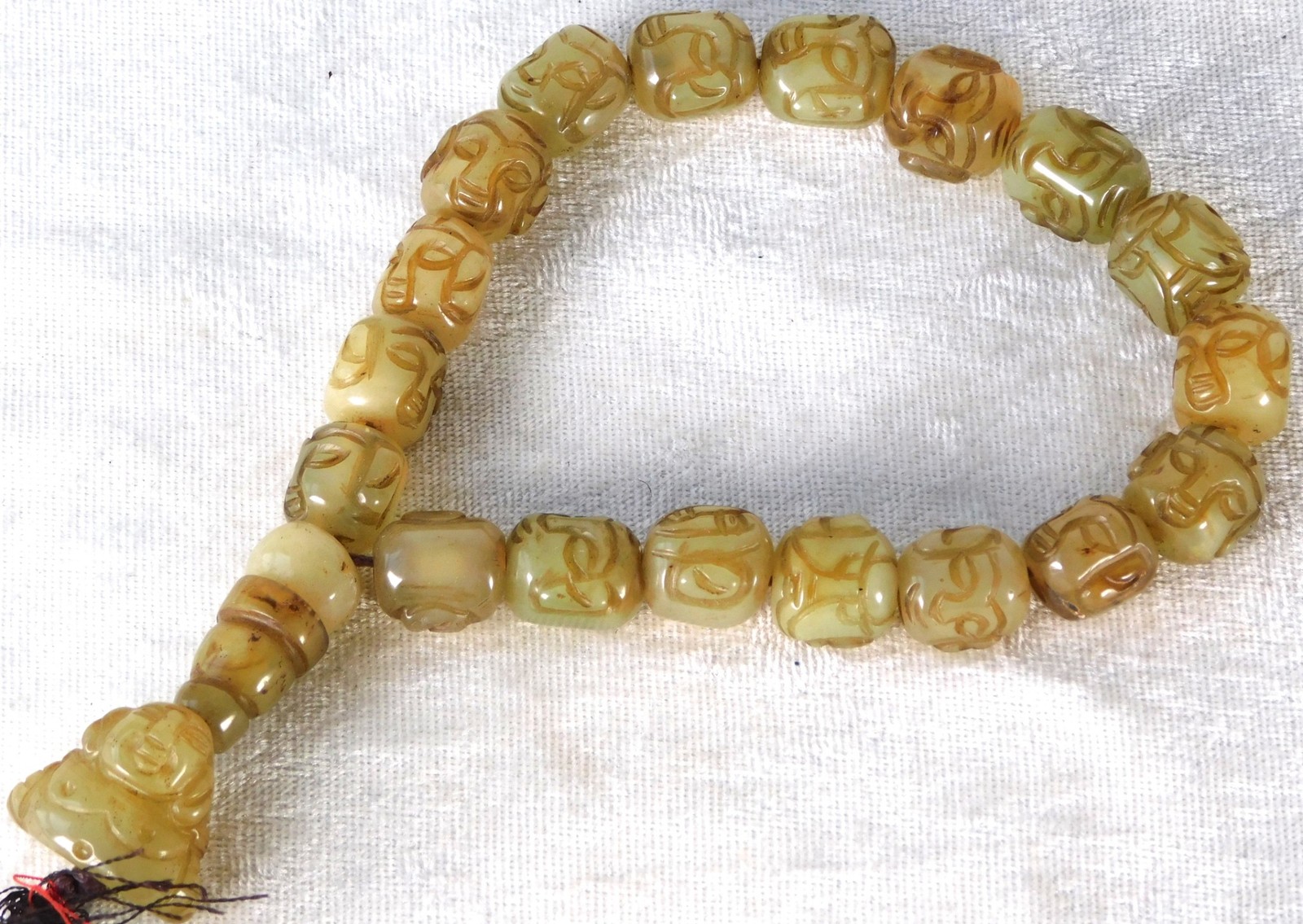 Antique Chinese Carved Jade Buddha & Goddess Worry Prayer Bead Necklace 13 1/2″