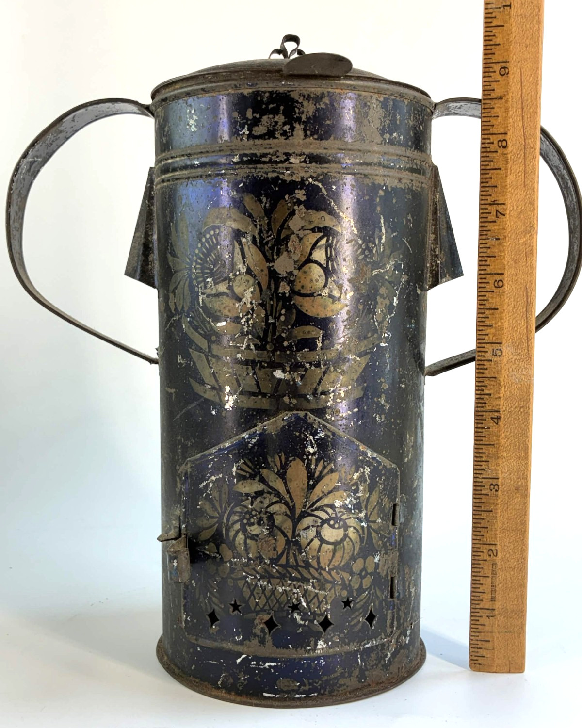 Antique Mid 19th C Toleware Nursery Food Warming Whale Oil Lamp