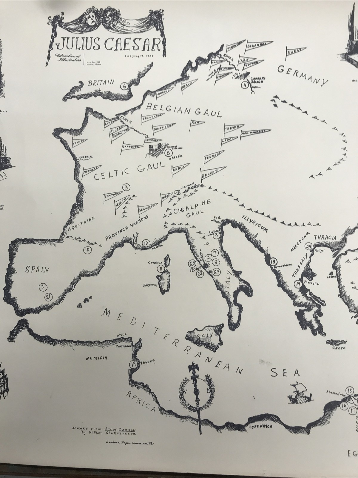 Antique Map-Scenes Of JULIUS CAESAR-Educational Illustrators Barbara Houseworth