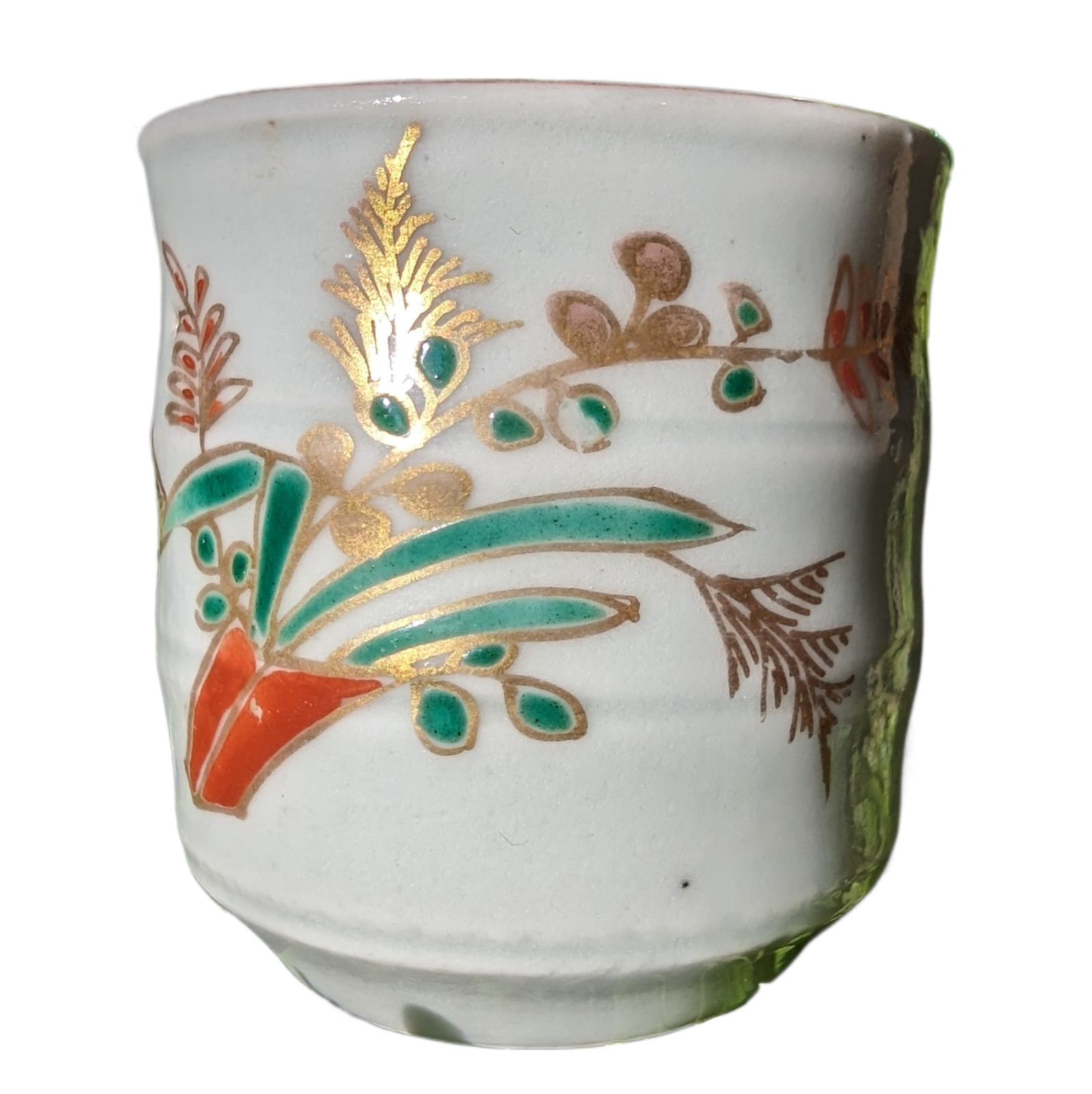Antique Japanese Arita Imari Porcelain Sake Cup Guinomi Ferns Flowers Edo Japan