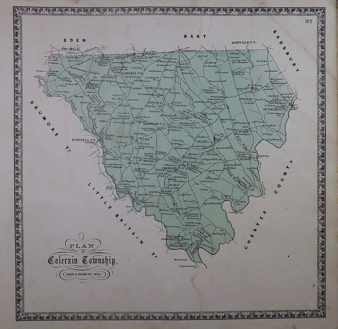 Rare 1869 Plat Map PLAN of COLERAIN Twp., LANCASTER Co., PENNSYLVANIA (16×16)#13
