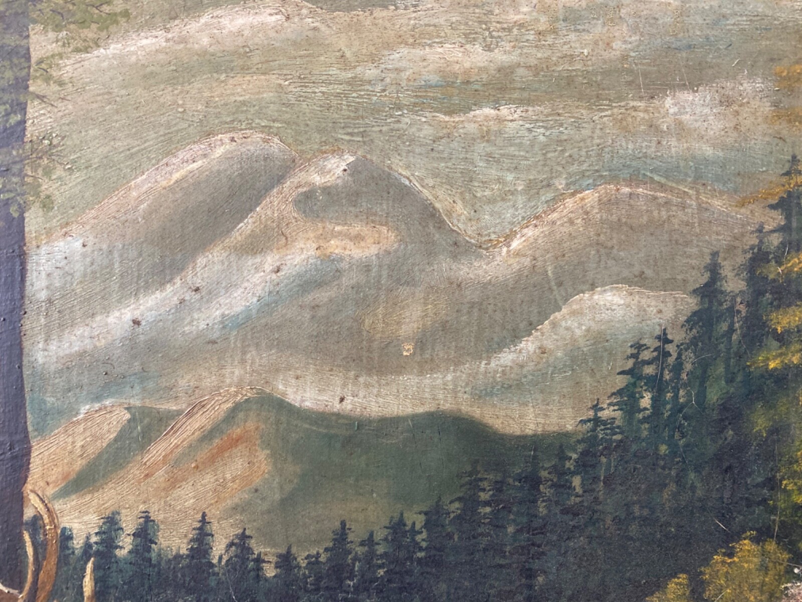 🔥 Antique Old Primitive American Folk Art Forest Elk Landscape Oil Painting ’26