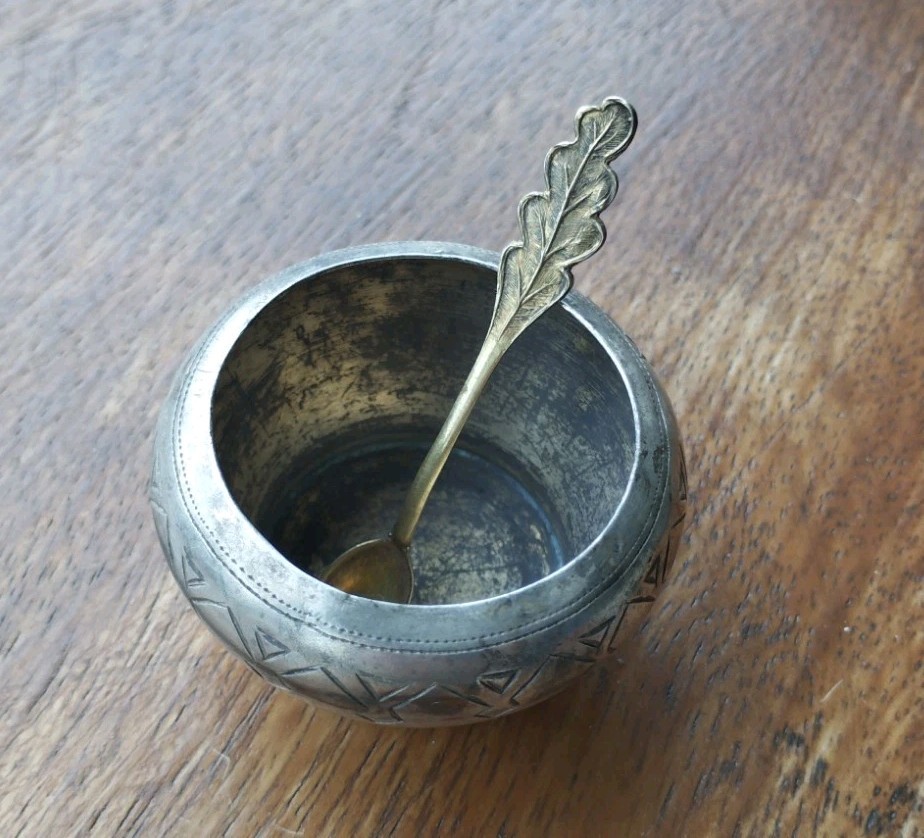 Antique Russian silver 84 samples – antique salt shaker and spoon 875. 1890 Л.О