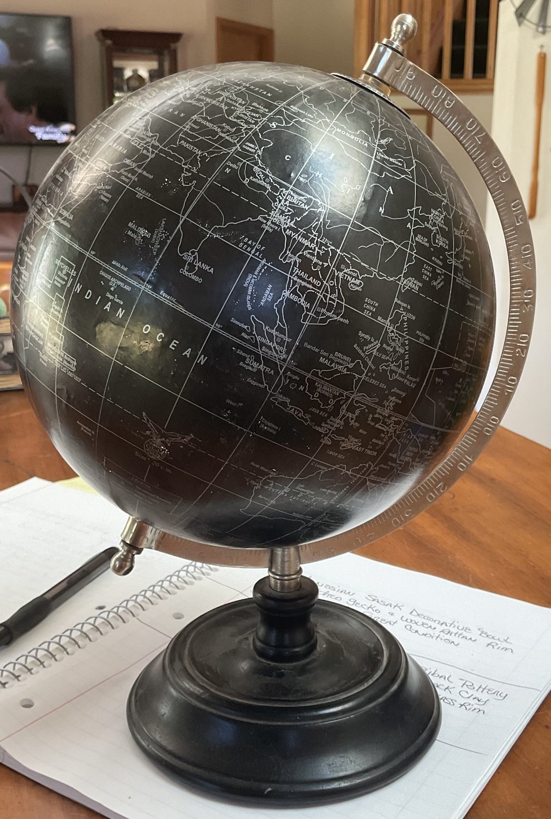 Vintage Style Black Terrestrial Globe Wooden Base 12.5 Inch Tall