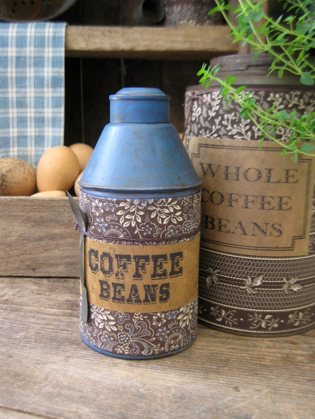 Small Early Antique Pantry Tin Canister Blue Milk Paint Calico Coffee Beans