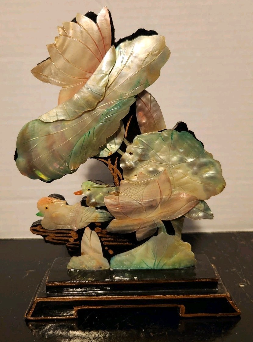 Rare Antique Chinese Art Deco Chinoiserie Mother-of-pearl Laqured Wood Duck Pond