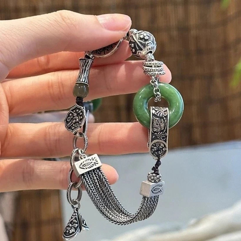 Vintage Chinese Jade Bracelet Retro Silver Tassel Beaded Bracelet Women Men